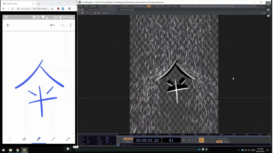 Still from a real-time particle physics simulation built in TouchDesigner