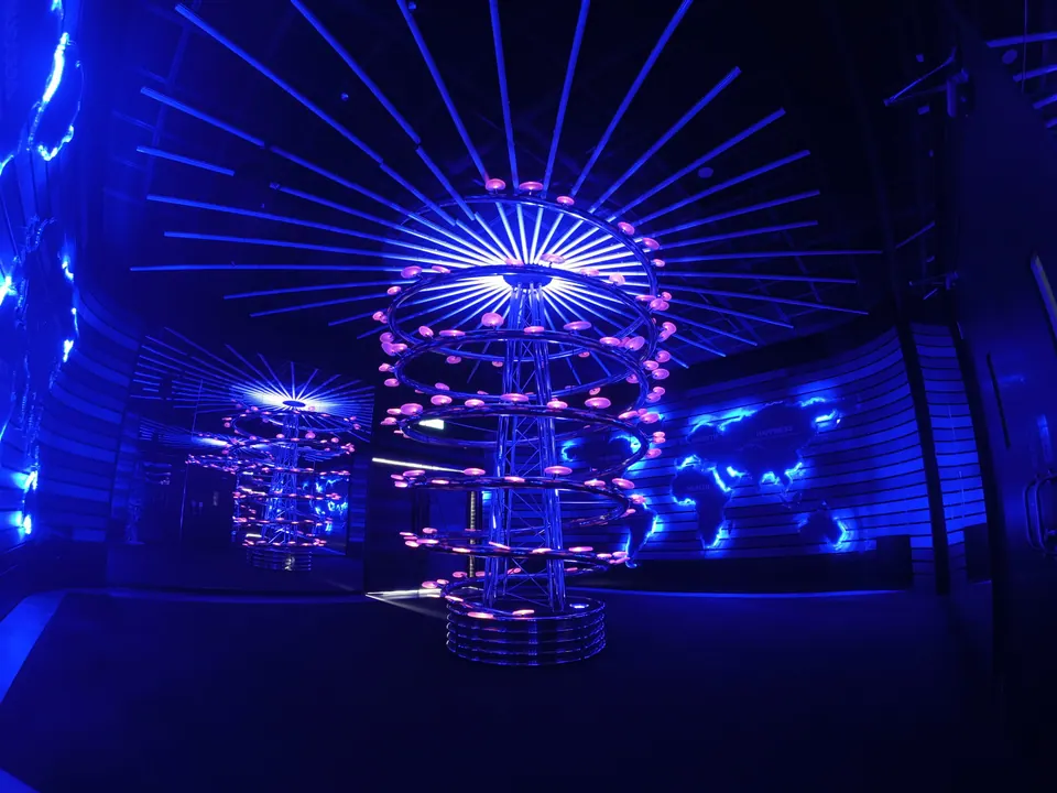 The Time Tunnel room at Gano Excel farm, Jitra: pixel-mapped acrylic panels on a spiralling metal structure